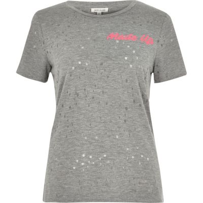 Grey print distressed T-shirt